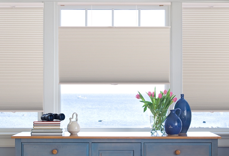 Window shades in room overlooking ocean